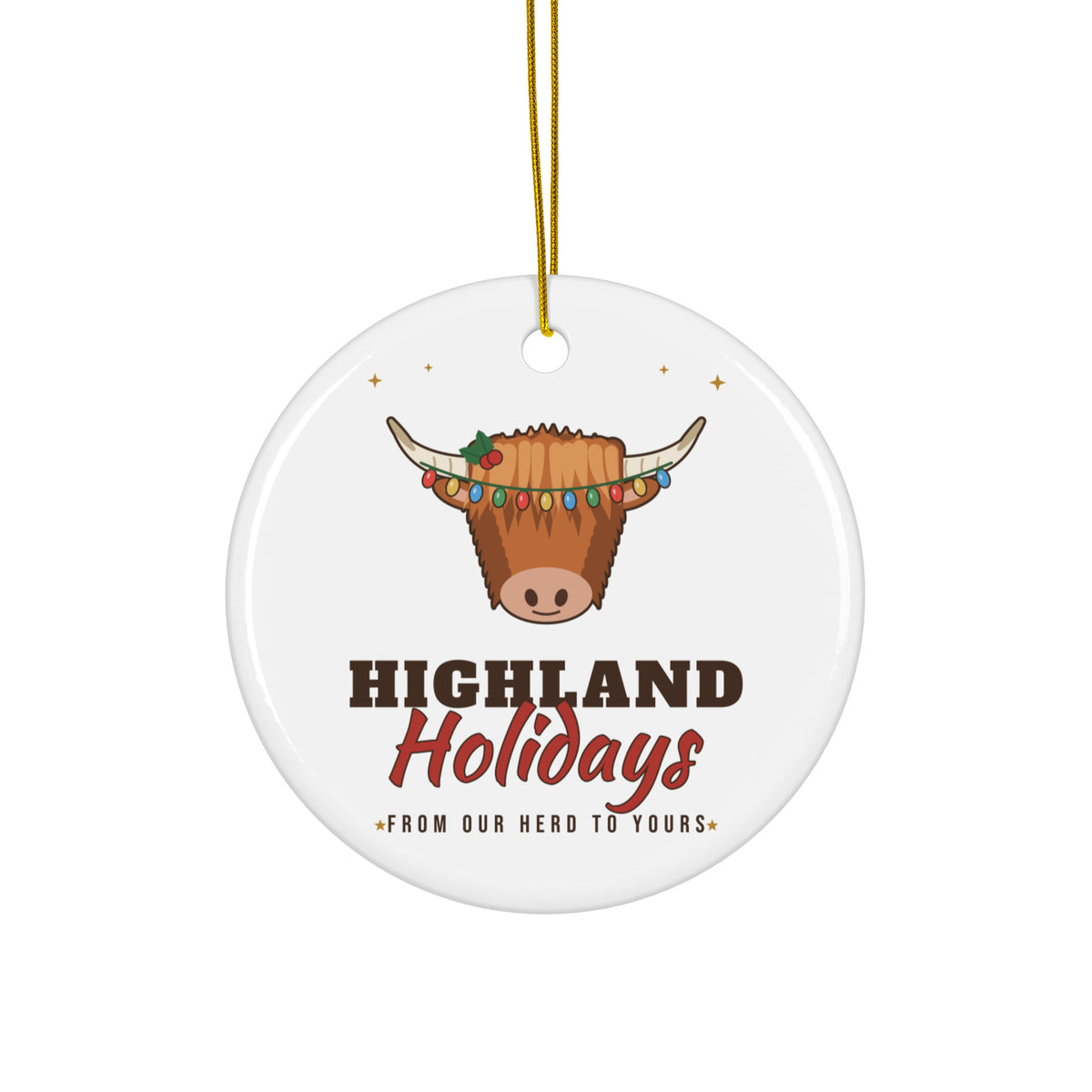 Highland Holidays Highland Cow Christmas Ornament, front view