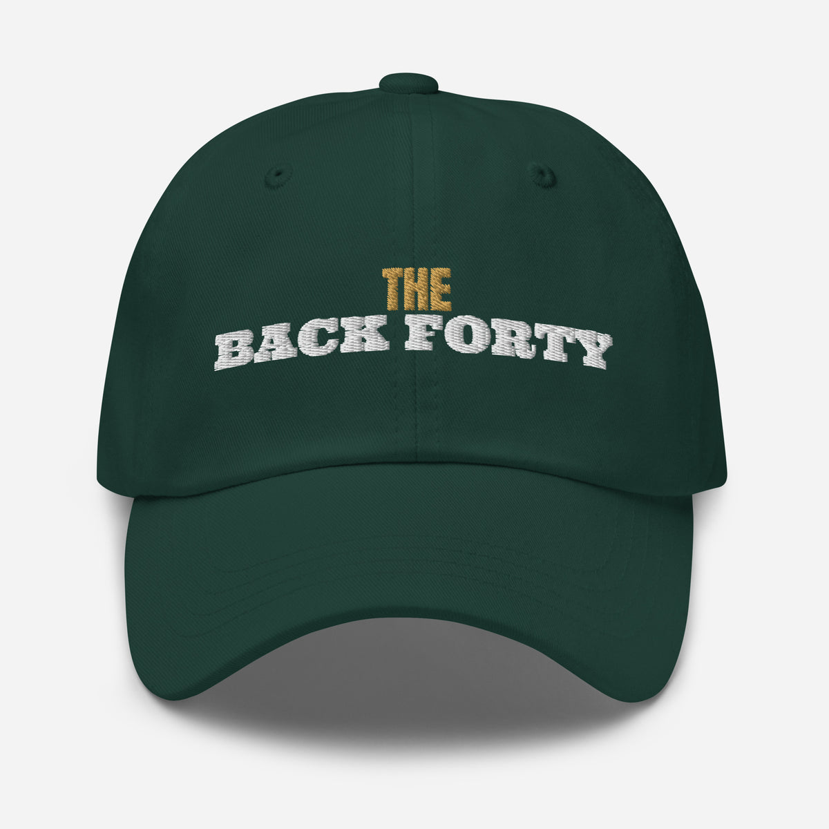 The Back Forty Embroidered Dad Hat in Spruce, front view