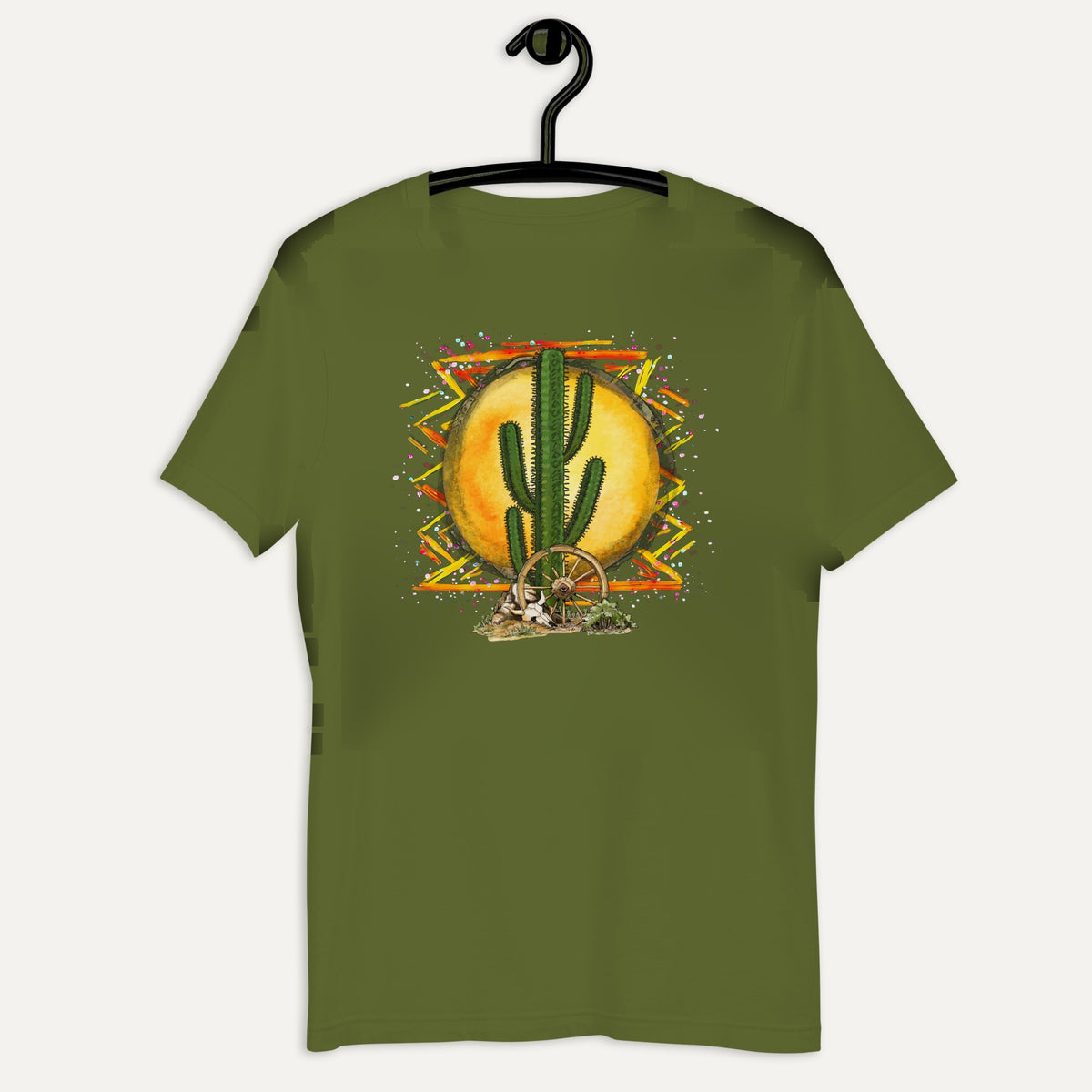 Colorful Desert Short Sleeve Tee in Olive, on hanger