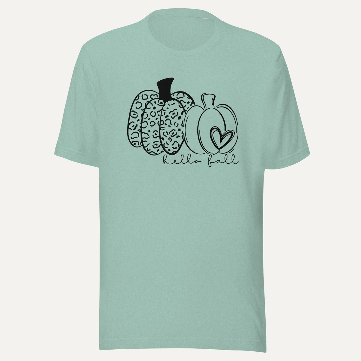 Hello Fall Two Pumpkins With Heart Short Sleeve Tee in Heather Prism Dusty Blue, front view