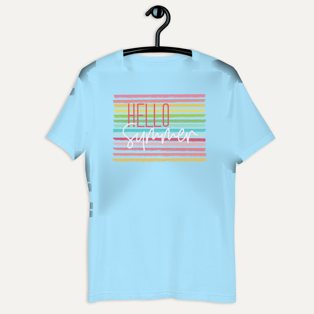 Hello Summer Candy Striped Short Sleeve Tee in Ocean Blue, on hanger