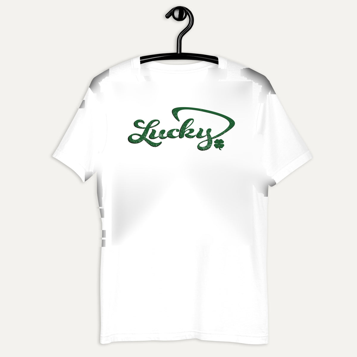 Lucky Cursive Clover Short Sleeve Tee in White, on hanger