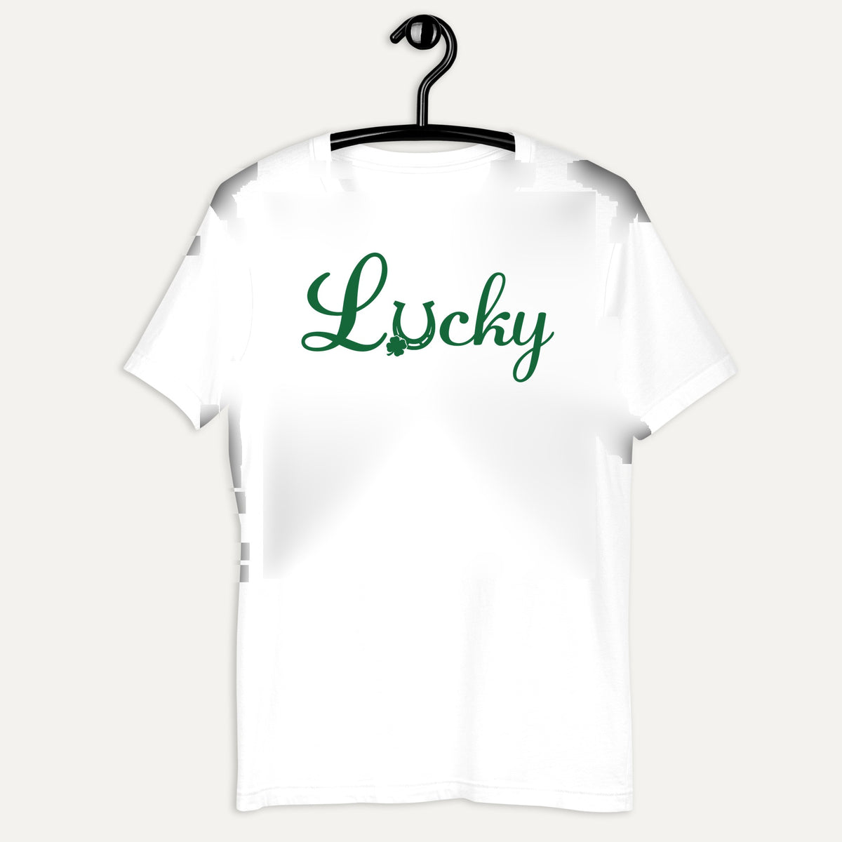 Lucky Horse Shoe Clover Short Sleeve Tee in White, on hanger
