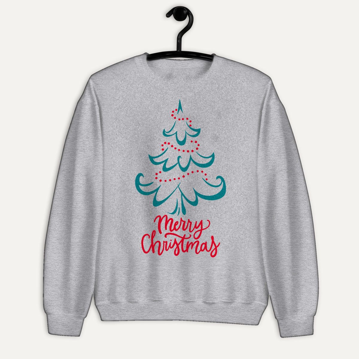 Merry Christmas Tree Unisex Long Sleeve Sweatshirt in Sport Grey, on hanger