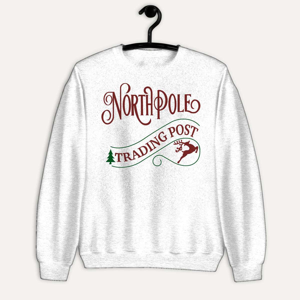 North Pole Trading Post Unisex Long Sleeve Sweatshirt in White, on hanger