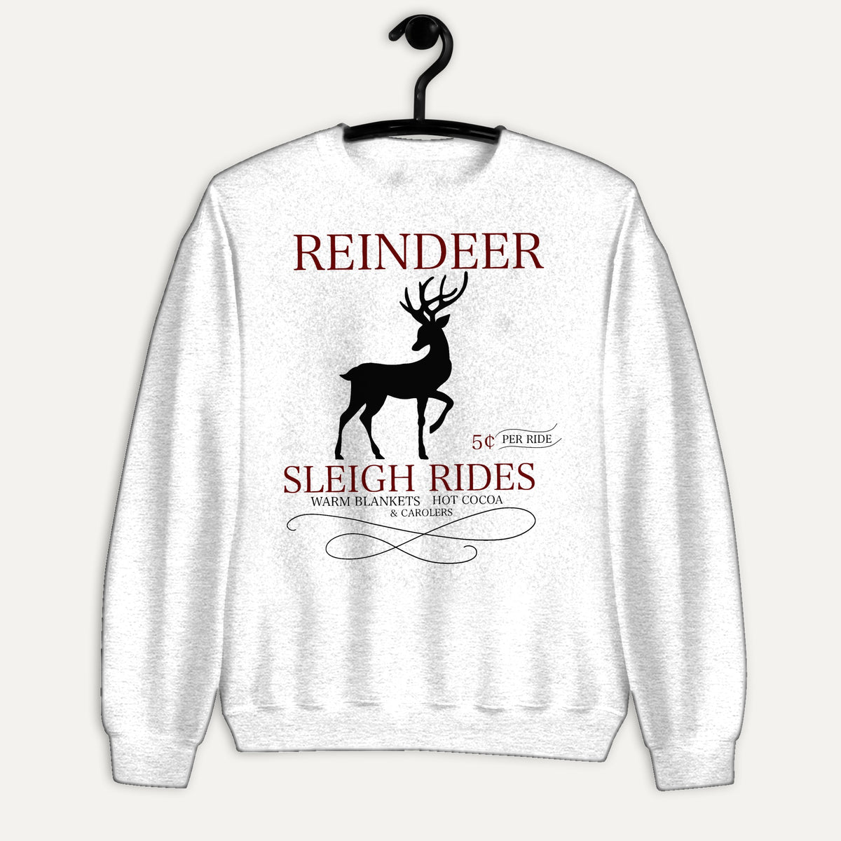 Reindeer Sleigh Rides Unisex Long Sleeve Sweatshirt in White, on hanger