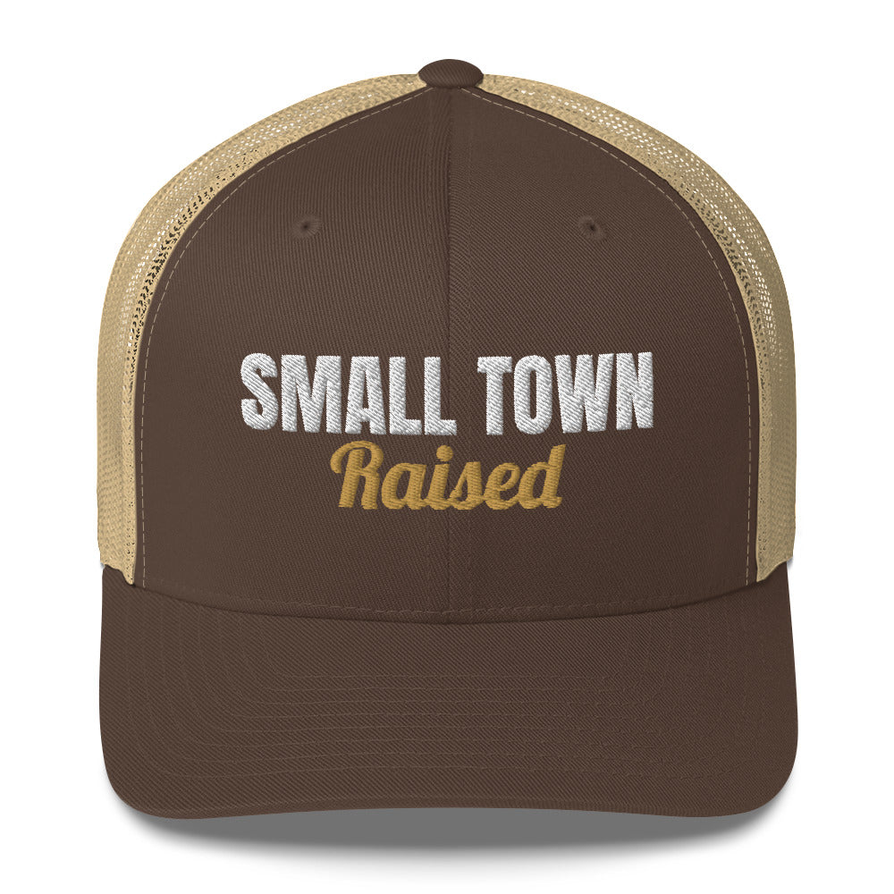 Small Town Raised Embroidered Trucker Hat in Brown/ Khaki, front view
