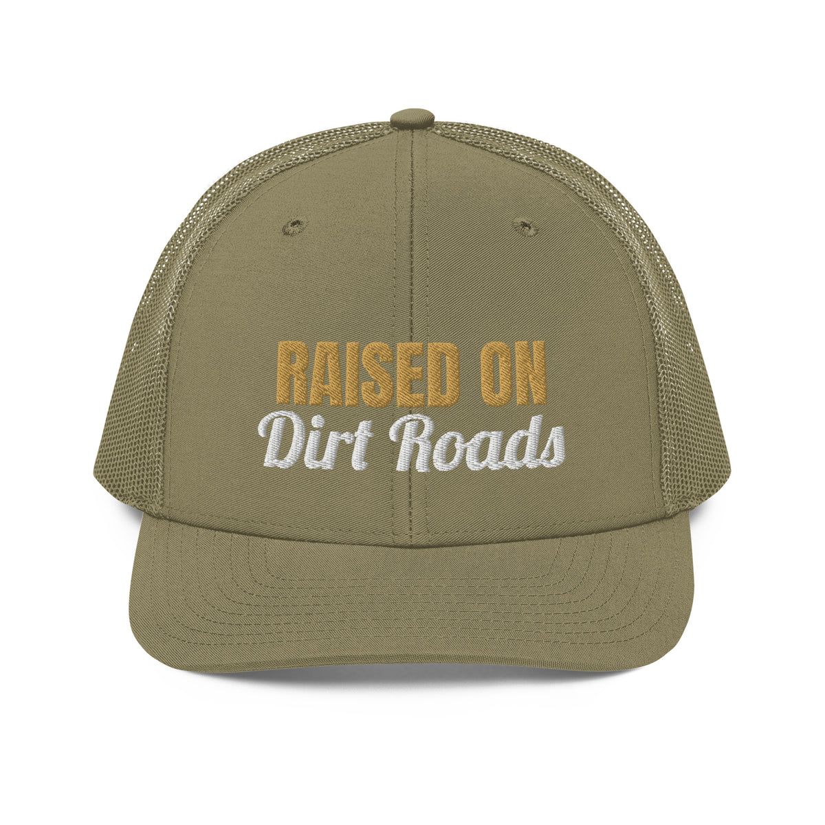 Raised On Dirt Roads Embroidered Trucker Hat in Loden, front view
