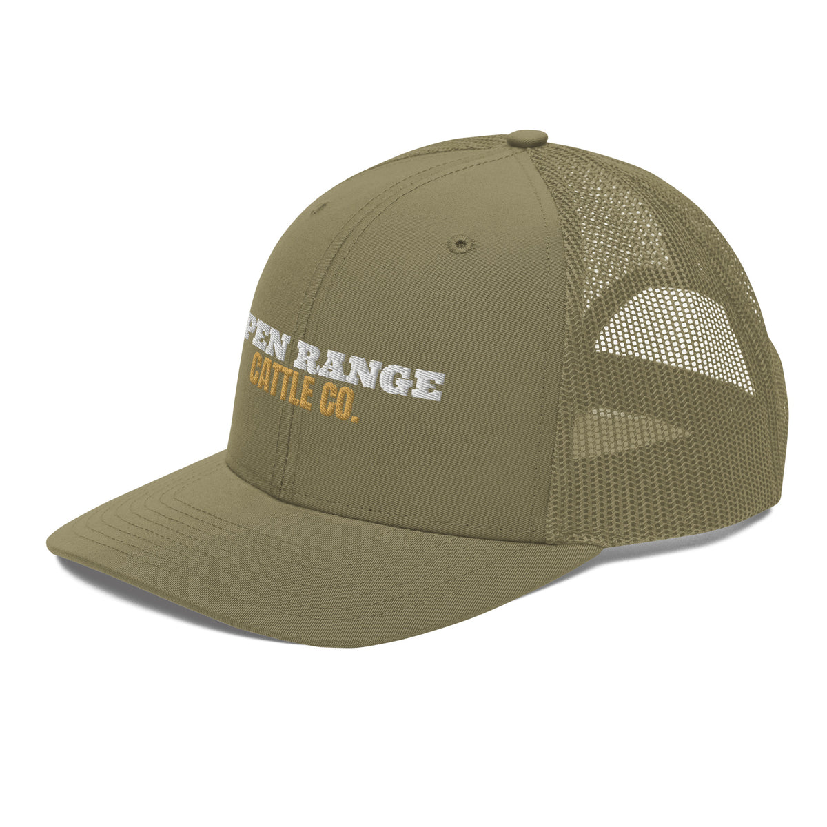 Open Range Cattle Co. Embroidered Trucker Hat in Loden, left front view