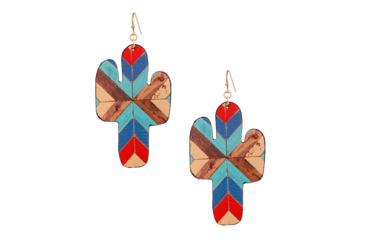 Pair of cactus-shaped drop earrings with a turquoise, red and tan mosaic print