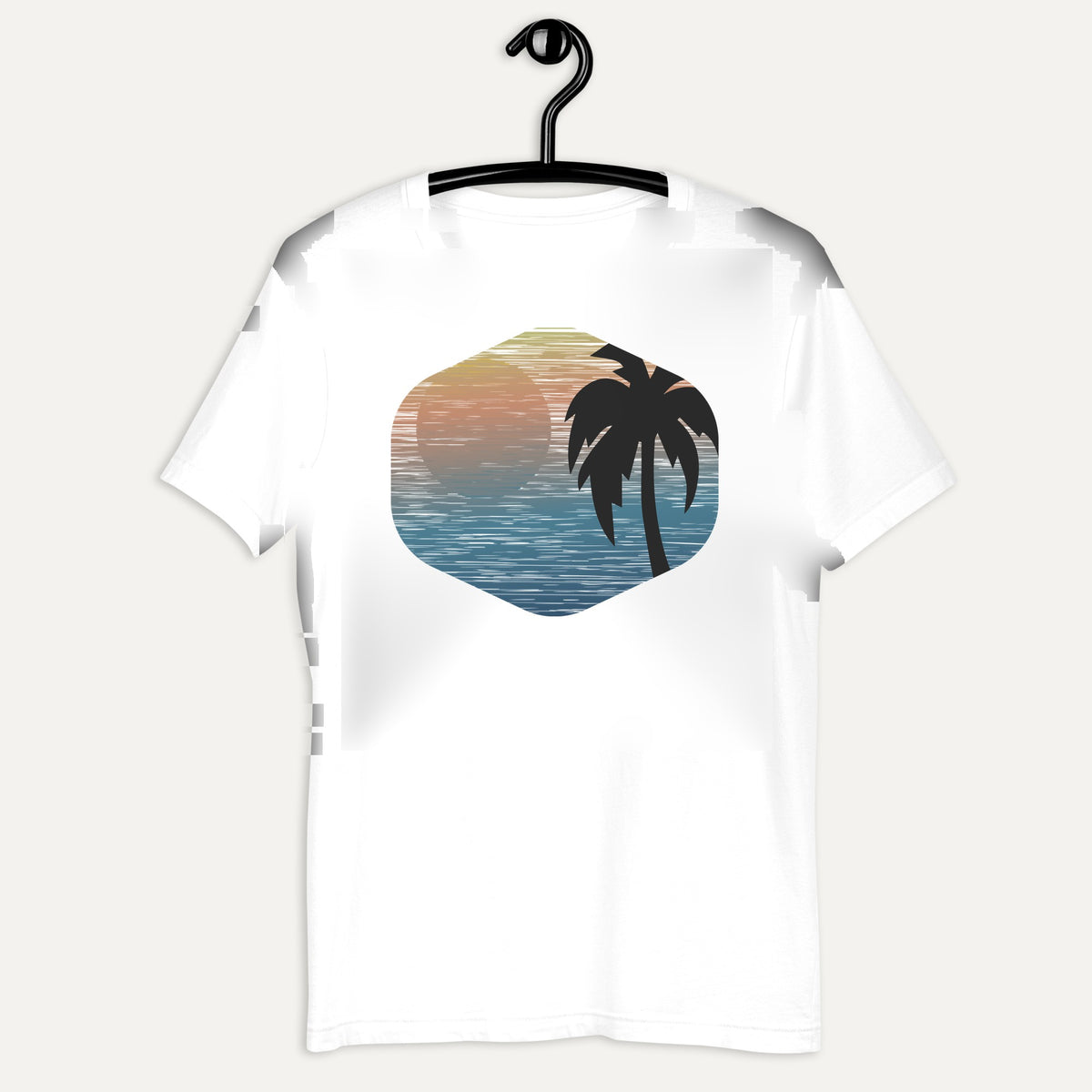 Tropical Sunset Short Sleeve Tee in White, on hanger