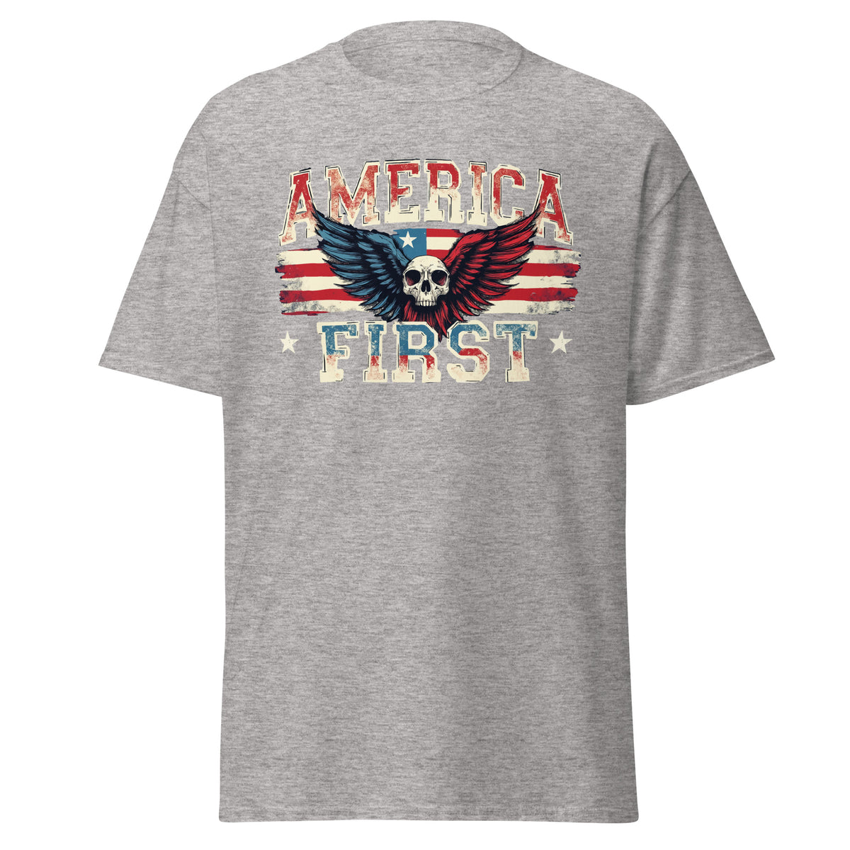 America First Flying Skull Classic Tee, Gildan shirt in Sport Grey