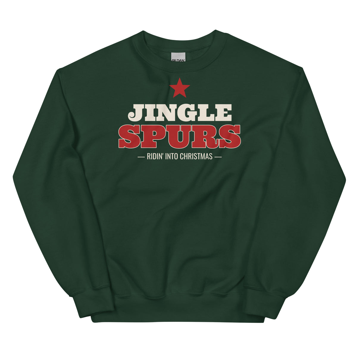 Jingle Spurs Western Christmas Crewneck Sweatshirt in Forest Green, front view