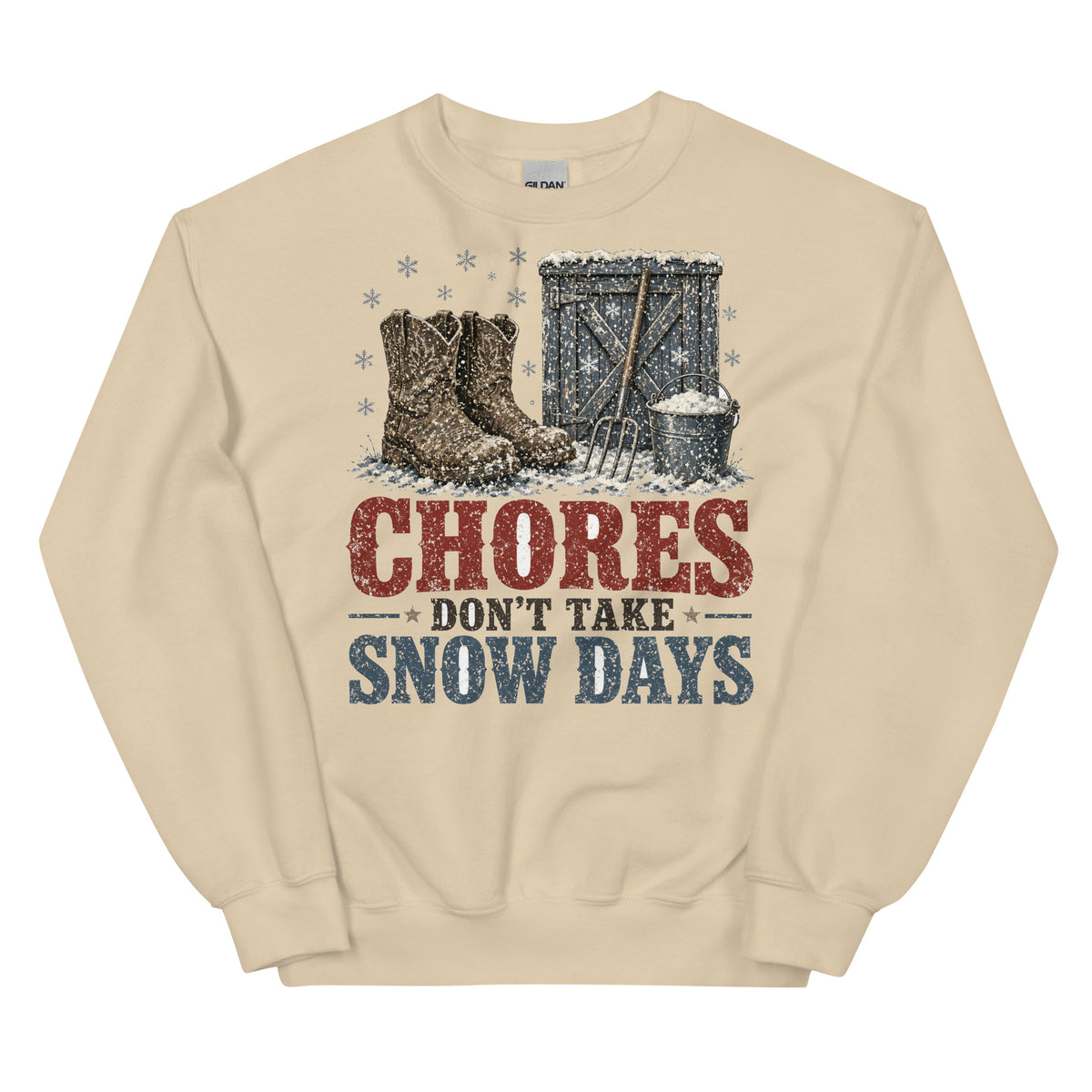 Chores Don't Take Snow Days crewneck sweatshirt in Sand, front