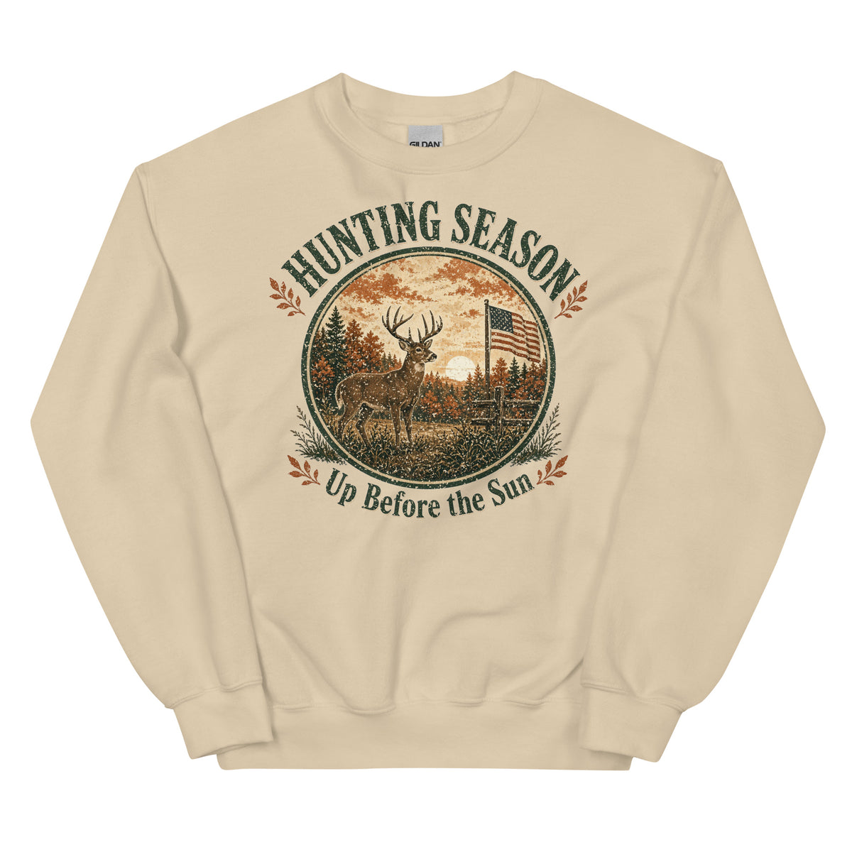 Hunting Season Up Before the Sun Crewneck Sweatshirt in Sand, front view