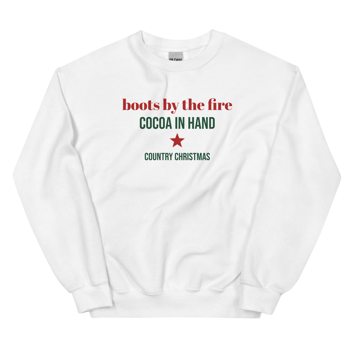 Boots By The Fire Country Christmas Crewneck Sweatshirt in White, front view