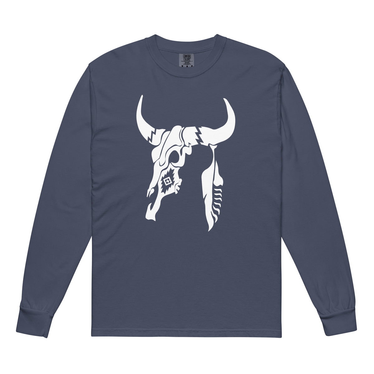 Cow Skull And Feather Comfort Colors Long Sleeve Tee in Navy, front view
