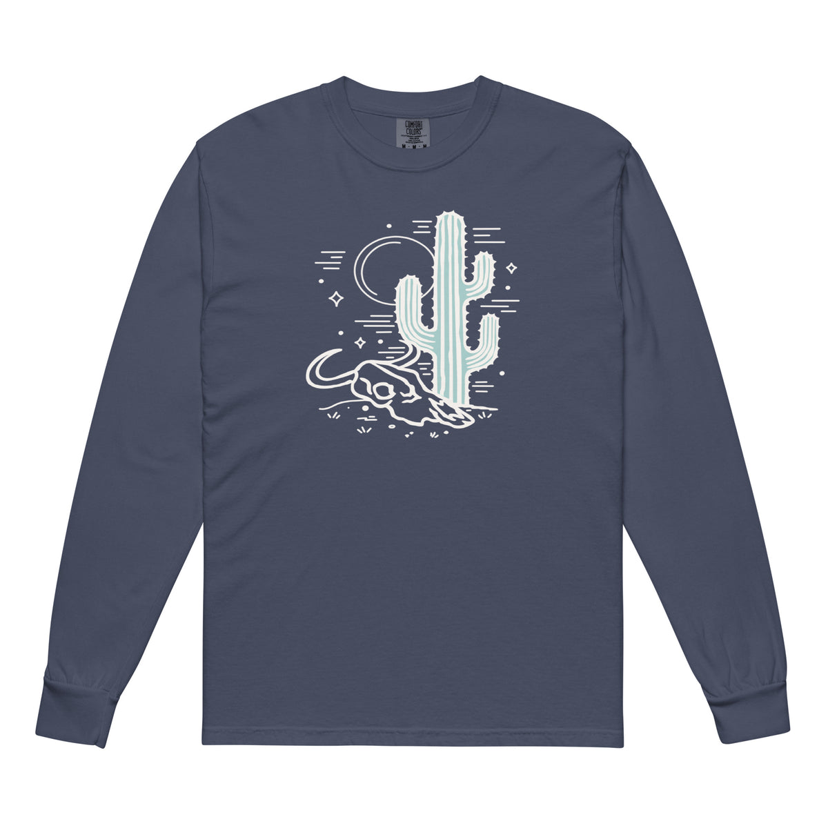 Cactus And Cow Skull Comfort Colors Long Sleeve Tee in Navy, front view