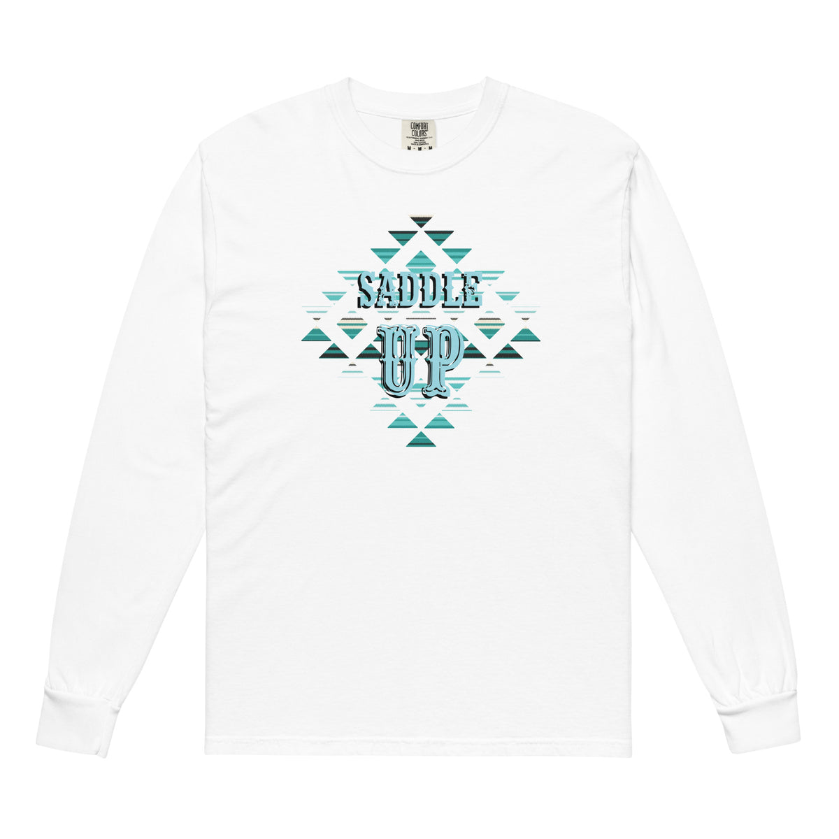 Saddle Up Aztec Comfort Colors Long Sleeve Tee in White, front view