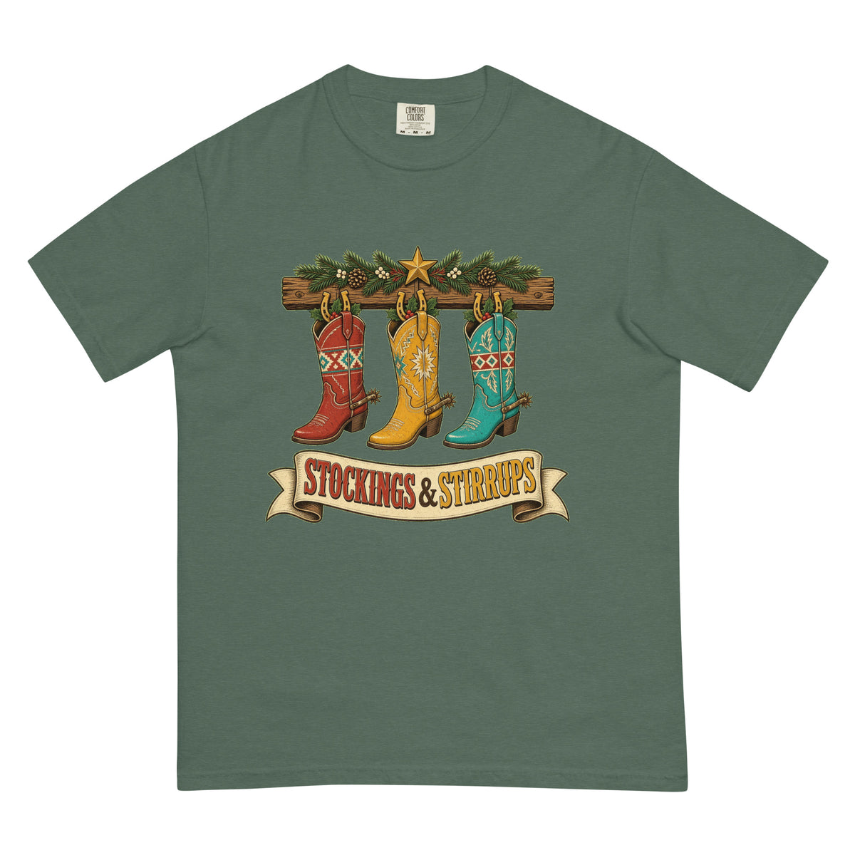 Stockings & Stirrups Comfort Colors Tee in Blue Spruce, front view