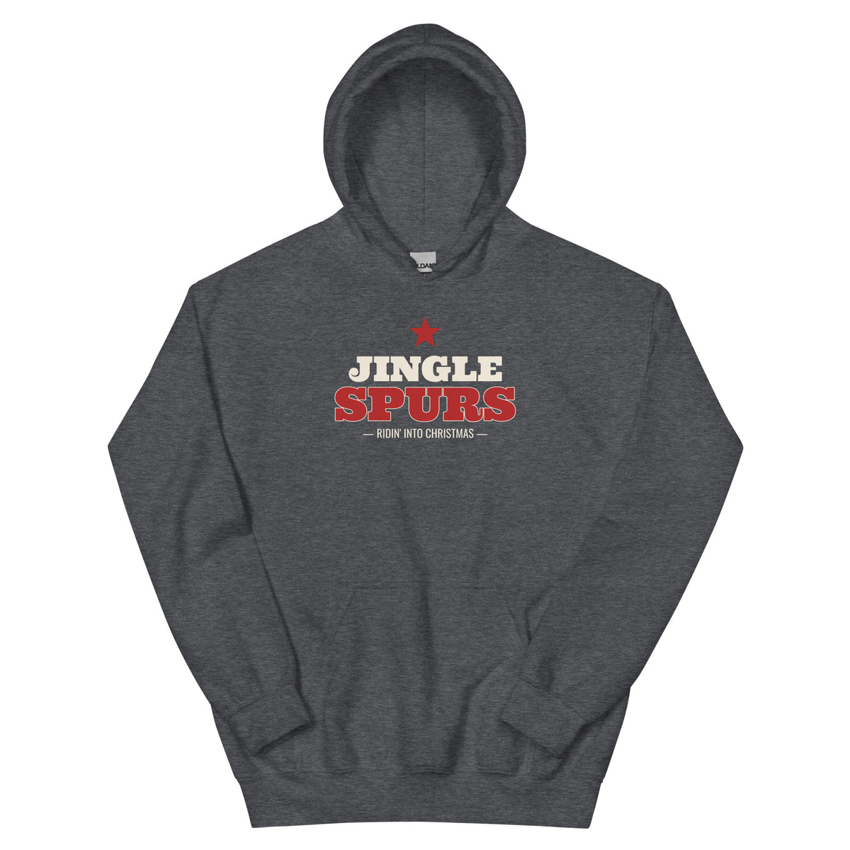 Jingle Spurs Western Christmas Hoodie in Dark Heather, front view