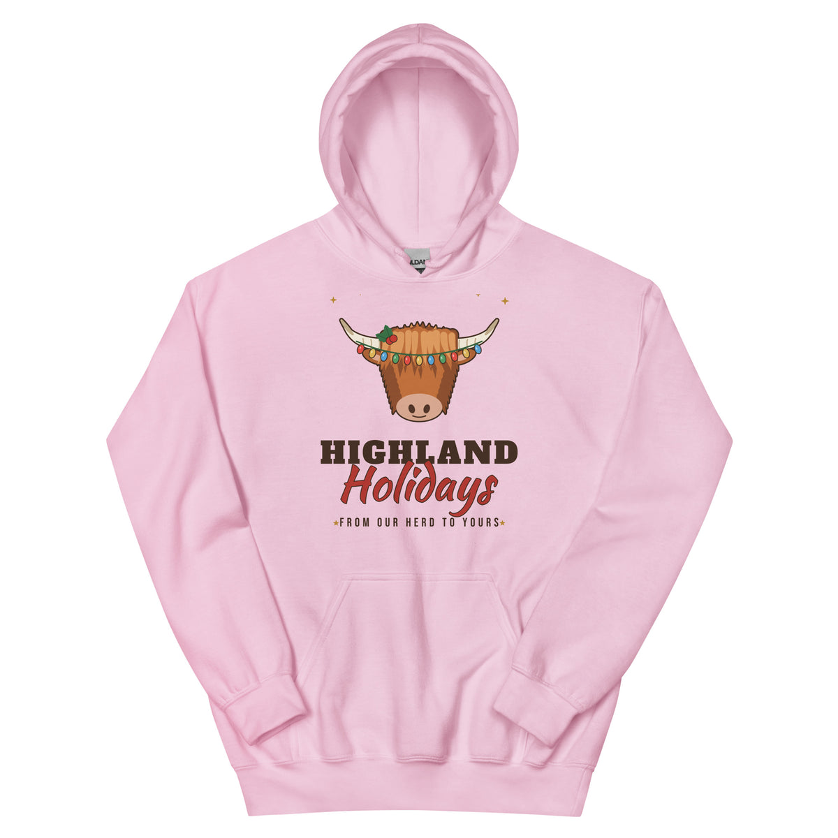 Highland Holidays Highland Cow Western Christmas Hoodie in Light Pink, front view
