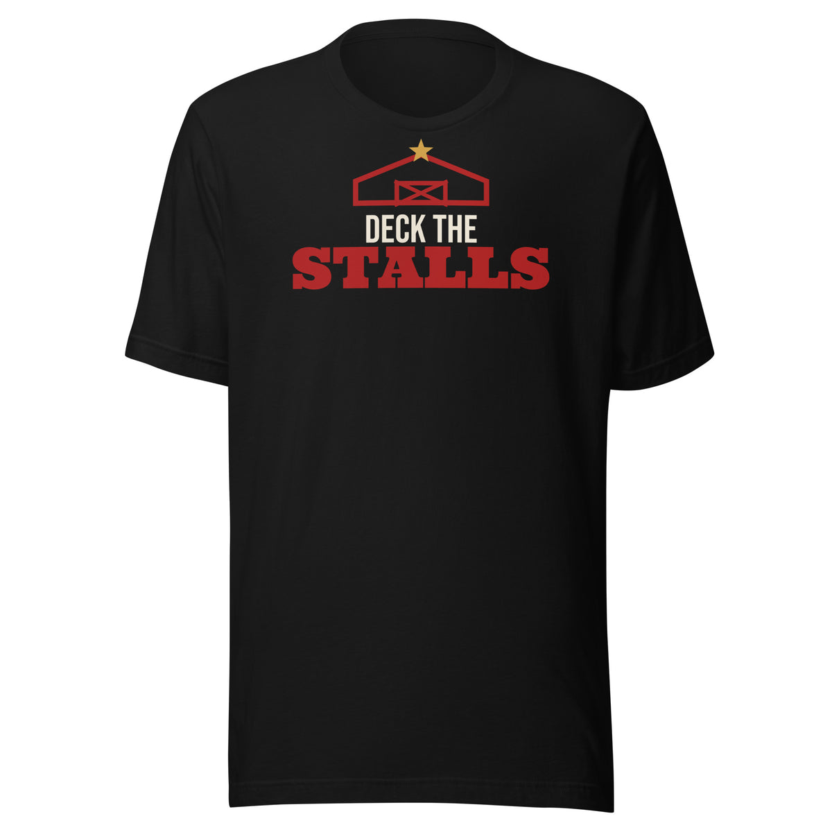 Deck The Stalls Barn Christmas Tee in Black, front view