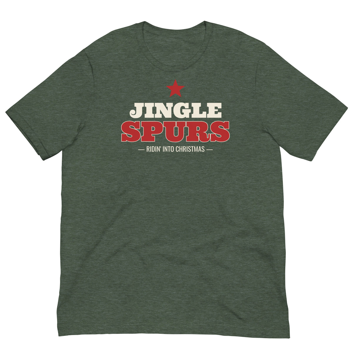 Jingle Spurs Western Christmas Tee in Heather Forest, front view