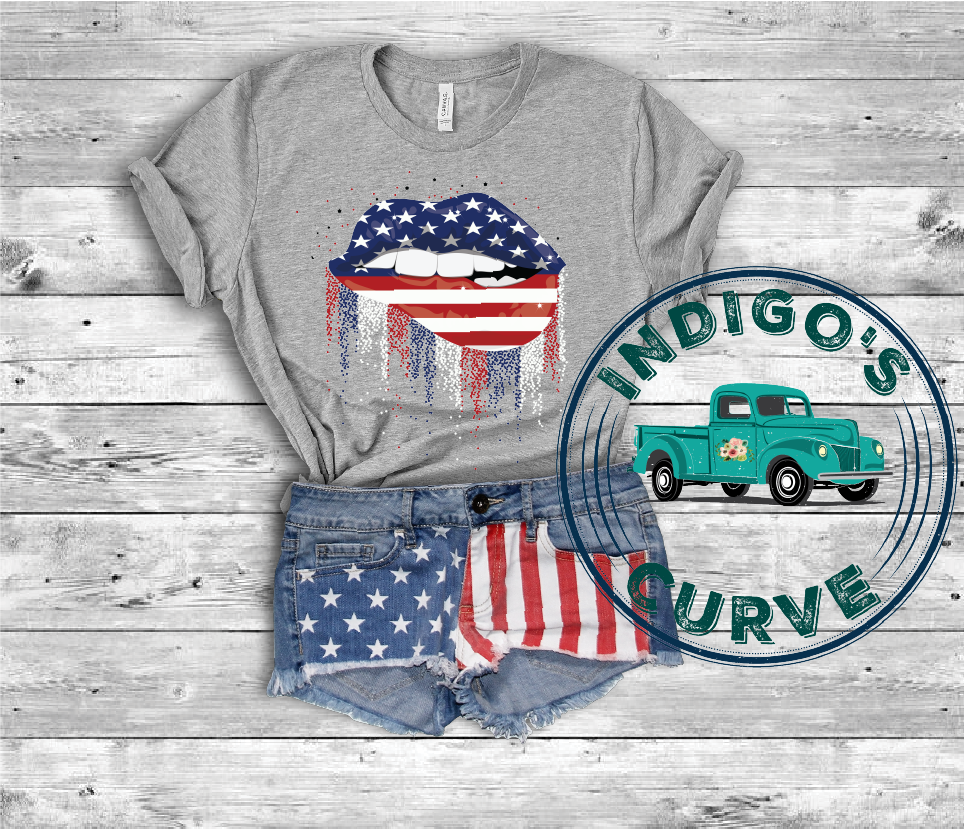 American Dripping Biting Lip Patriotic Short Sleeve Tee in Athletic Heather