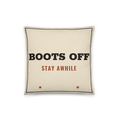 Boots Off Stay Awhile Throw Pillow in 16″×16″, back view