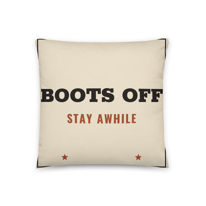 Boots Off Stay Awhile Throw Pillow in 18″×18″, back view