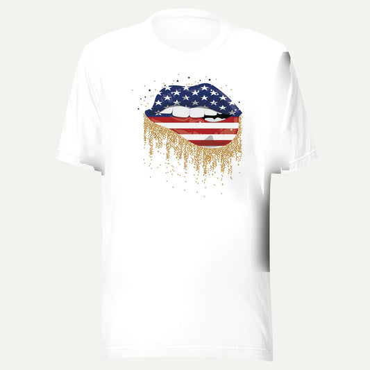 American Dripping Biting Lip Patriotic Short Sleeve Tee in White, front view