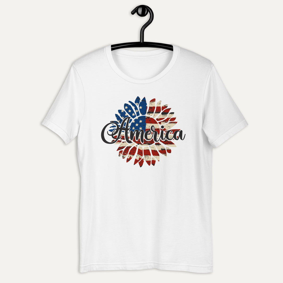 American Flag Sunflower Short Sleeve Tee in White, on hanger