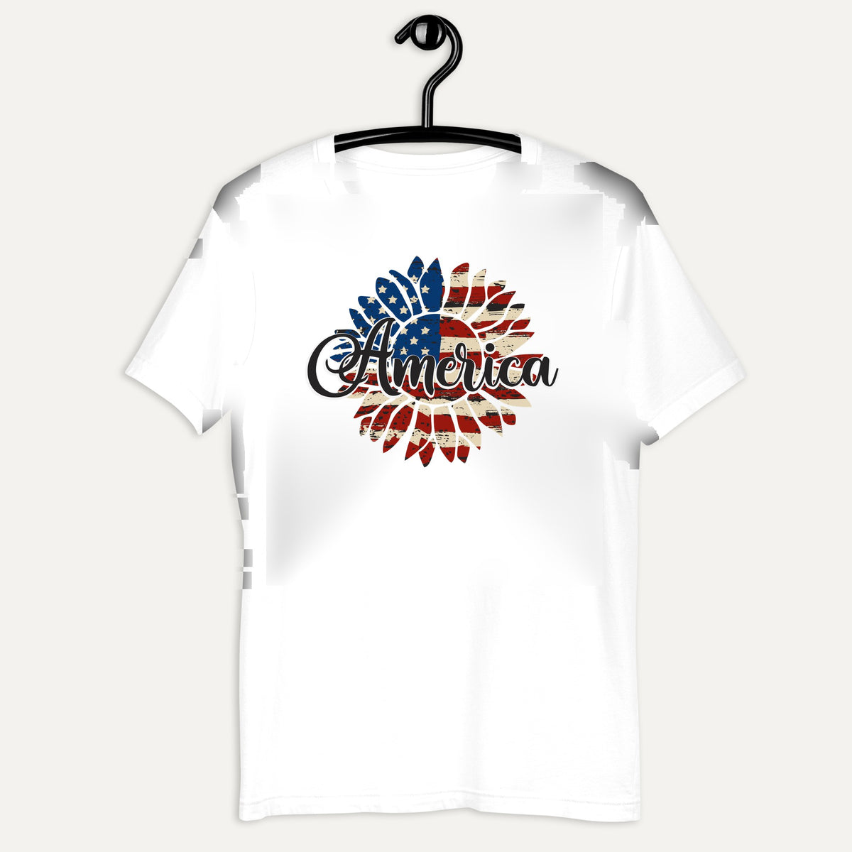 American Flag Sunflower Short Sleeve Tee in White, on hanger