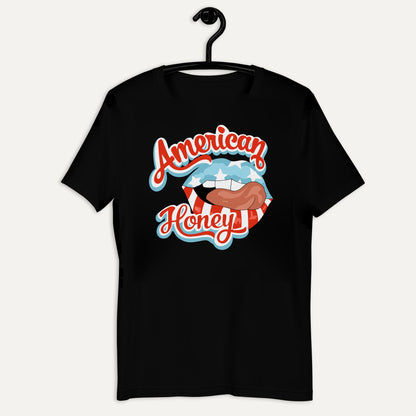 American Honey Patriotic Short Sleeve Tee in Black, on hanger