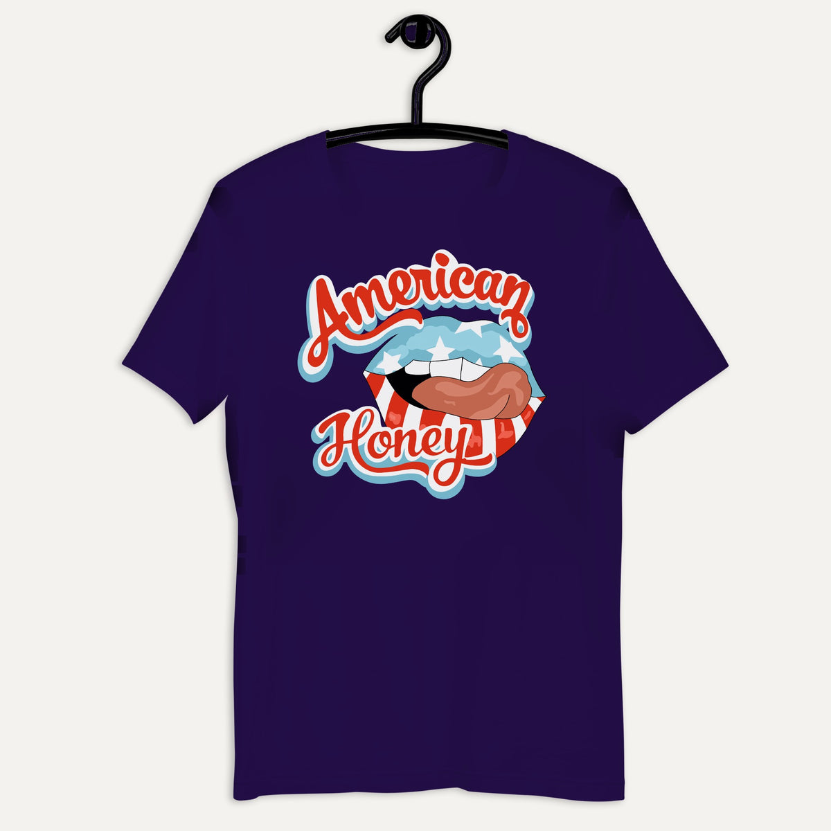 American Honey Patriotic Short Sleeve Tee in Team Purple, on hanger