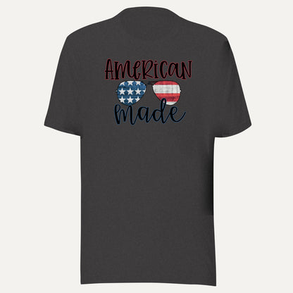 American Made Flag Sunglasses Tee in Dark Grey Heather, front view