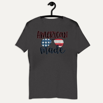 American Made Flag Sunglasses Tee in Dark Grey Heather, on hanger