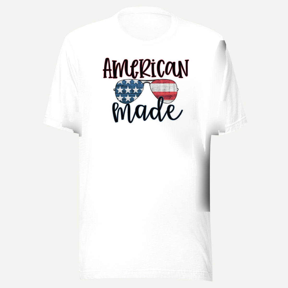 American Made Flag Sunglasses Tee in White, front view
