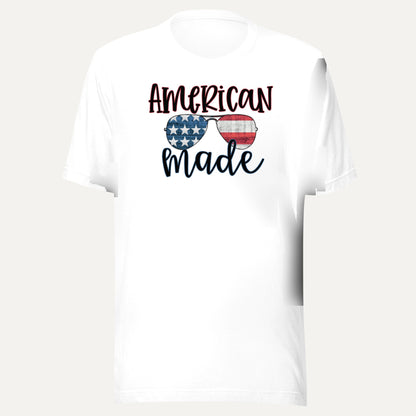 American Made Flag Sunglasses Tee in White, front view