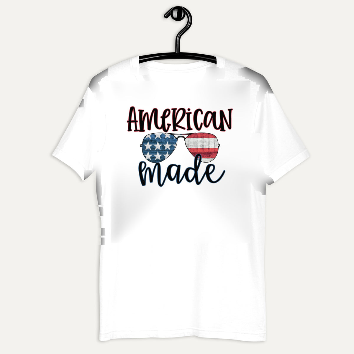 American Made Flag Sunglasses Tee in White, on hanger