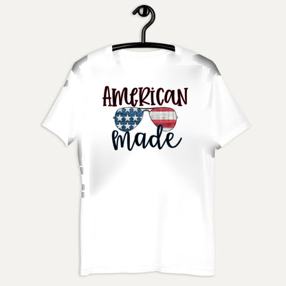 American Made Flag Sunglasses Tee in White, on hanger