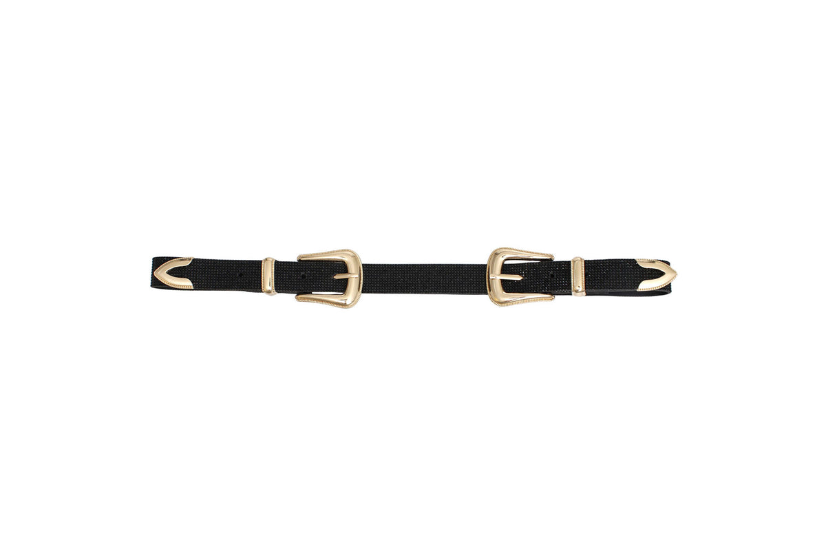 Black faux leather belt with two gold-tone western buckles laid flat