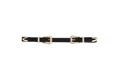 Black faux leather belt with two gold-tone western buckles laid flat