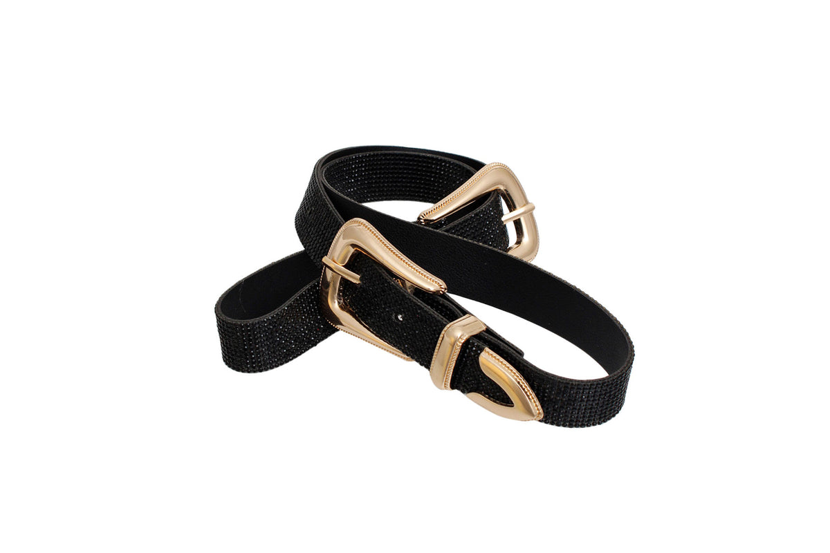 Coiled black double buckle belt showing the gold-tone buckles and tips