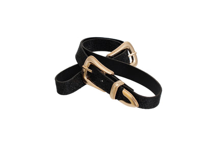 Coiled black double buckle belt showing the gold-tone buckles and tips