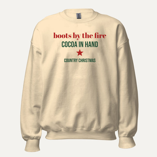 Boots By The Fire Country Christmas Crewneck Sweatshirt in Sand, front view