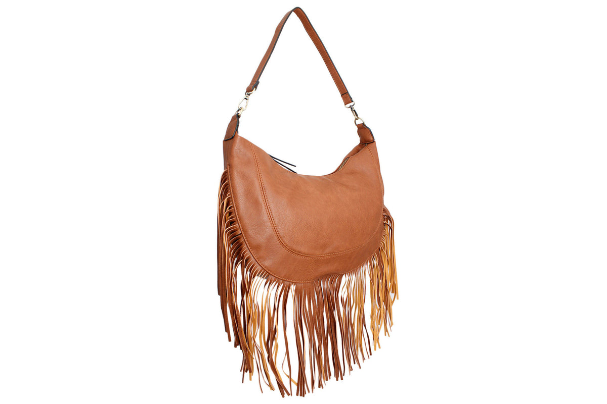 Brown faux leather fringe hobo bag, front view