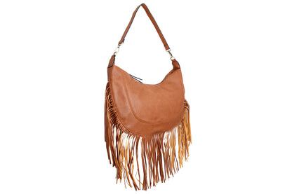 Brown faux leather fringe hobo bag, front view