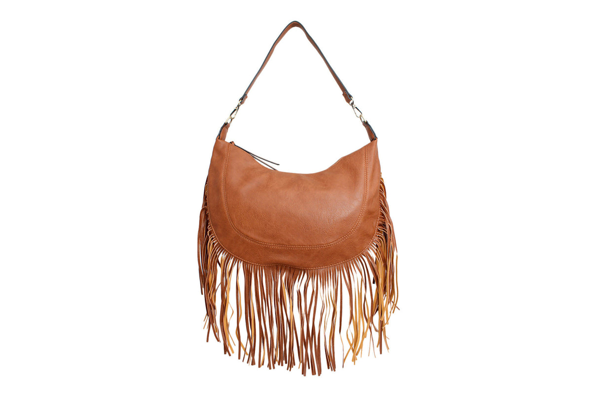 Brown fringe hobo bag at a slight angle showing the shoulder strap and stitching